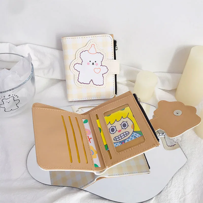 

Women Coin Purse Lady Cartoon Printing Zipper Leather Small Wallet Korean Style Hasp Foldable Coin Bag Pockets Kawaii Girls Gift