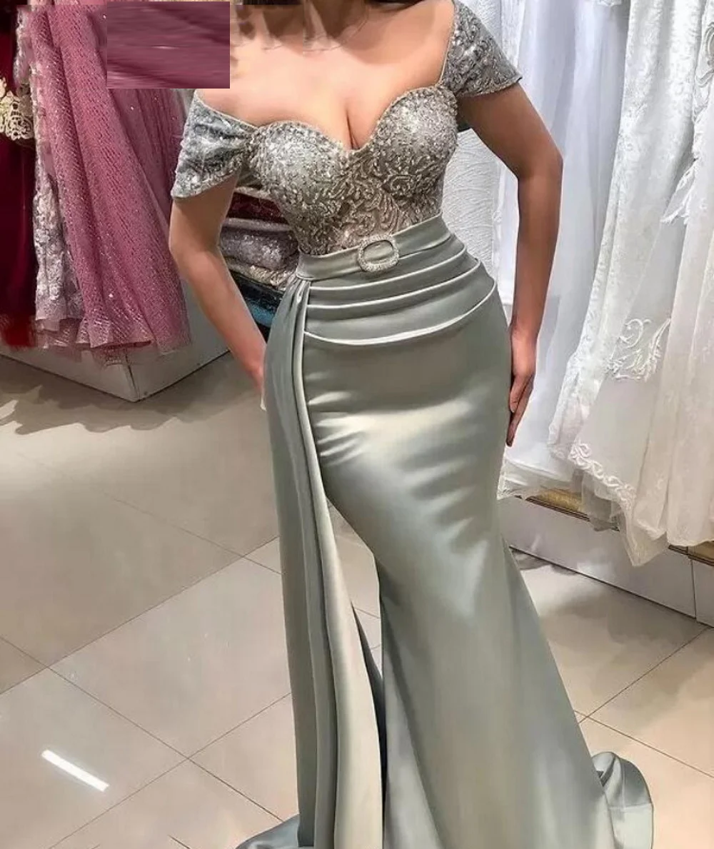

2023 Off-Shoulder Prom Gowns Mermaid Satin lace Occasion Dresses Party Vestidos Womens Elegant Simple Ruched Long Evening Dress