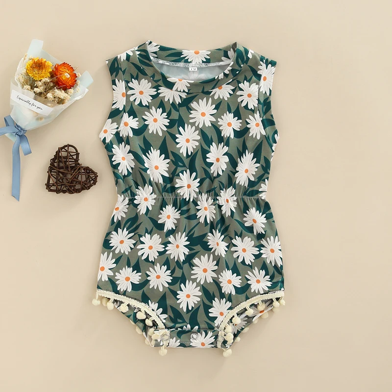 

0-18M Baby Girls Infant Casual Summer Jumpsuit Green Floral Print Round Neck Sleeveless Fringed Jumpsuit