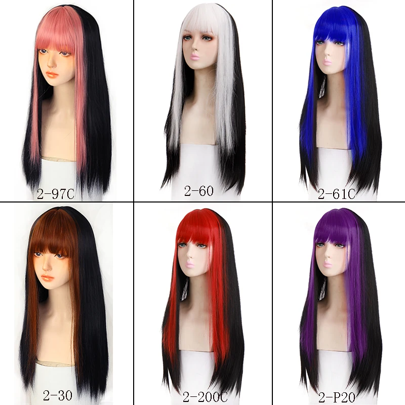 MANWEI Synthetic Wig Double Temple With Bangs Dye Long Black Straight Hair Cosplay Wig Red Blue Pink Multi-Color