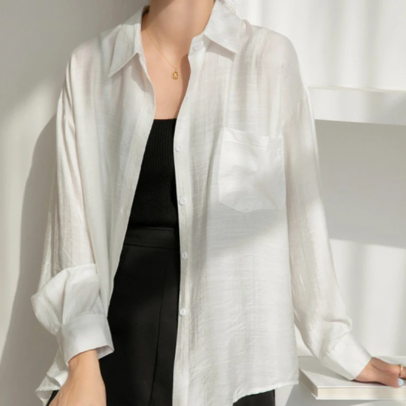 

New Summer Fashion Woman Blouse 2023 Sunscreen Satin Solid Tone Thin Shirt Loose Drape Top Shirts and Blouses for Women