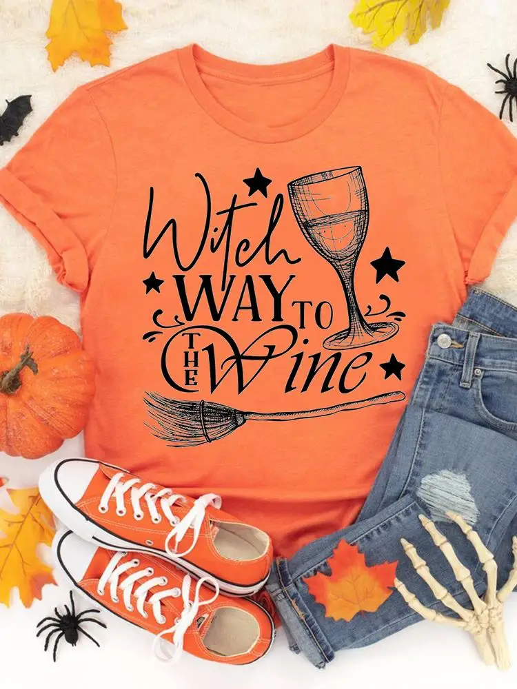 

Halloween Fashion Fall Autumn Casual T-shirts Clothes Letter Wine Funny Cute Women Female T Clothing Ladies Print Graphic Tee