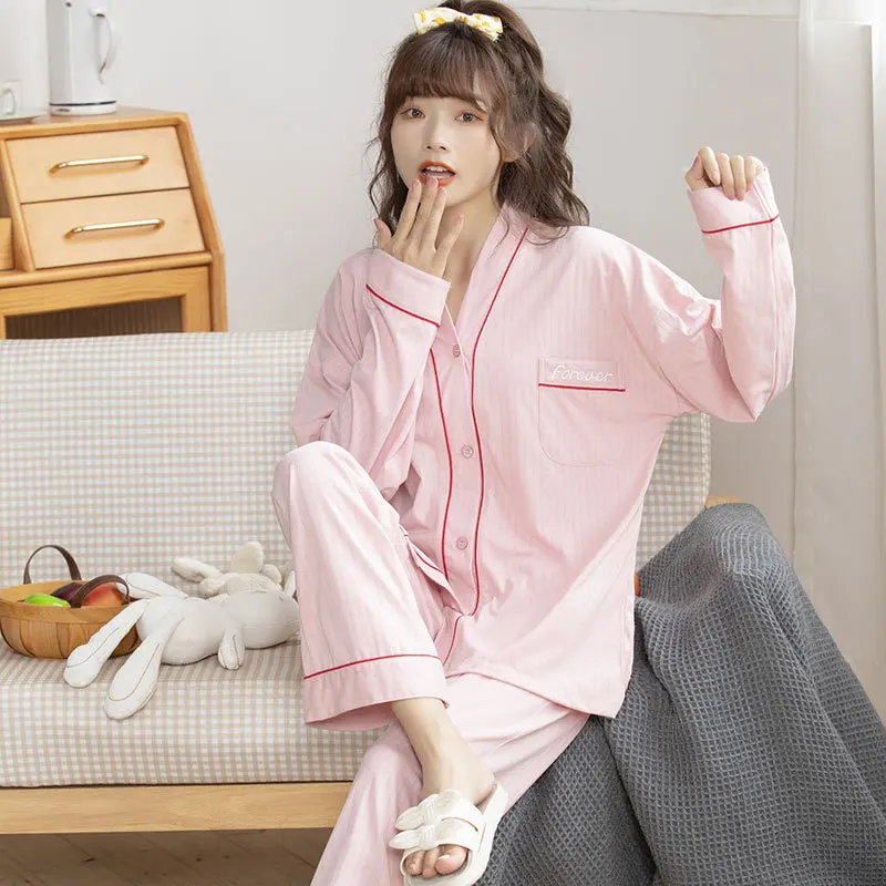 Women's pajamas, spring and autumn cotton long suit, household clothes, collarless cardigan, lovely style, can be worn outside