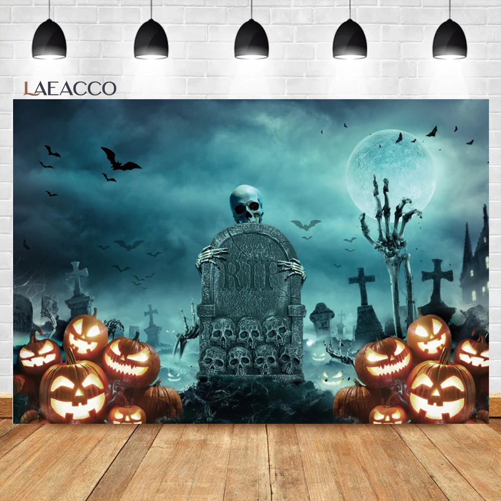 

Laeacco Хэллоуин Фото фоны кладбище ужас ночь сияющая бледная луна Тыква взрослые дети день рождения Портрет фон