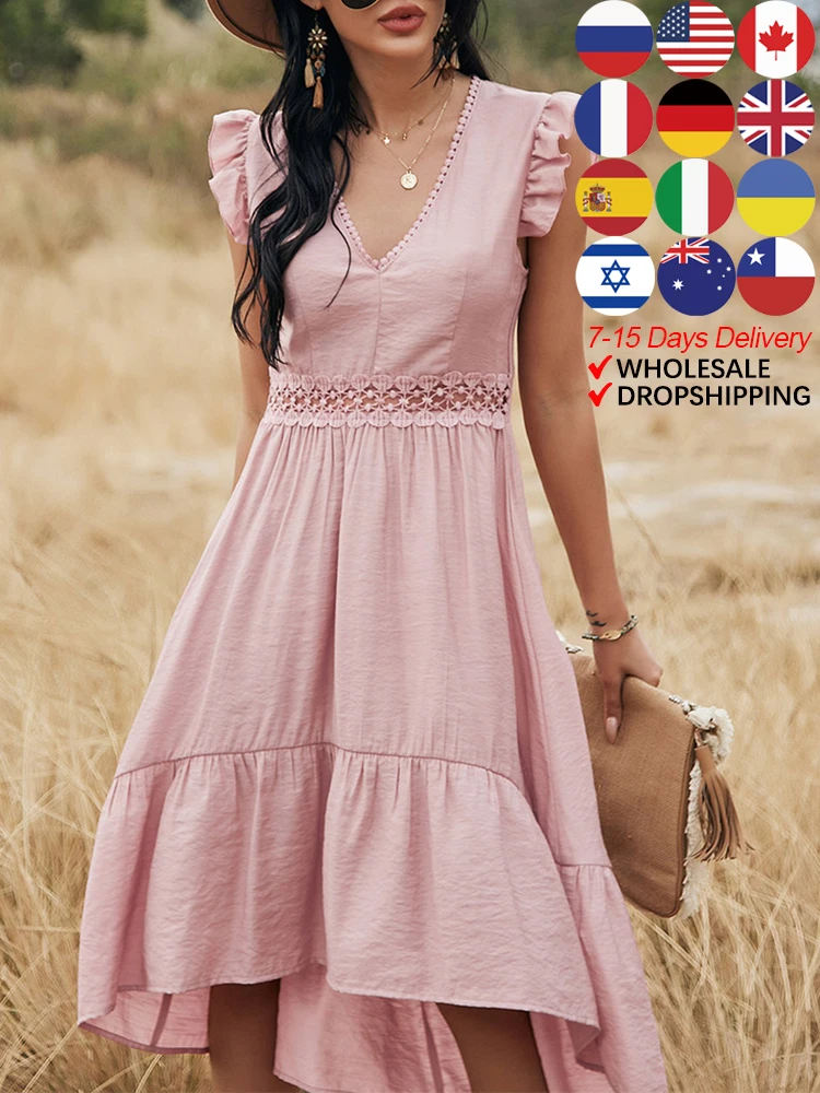 

ATUENDO Summer Solid Pink Dress for Women Bohemian Sexy Soft High Waist Ladies Robe Boho Leisure Wedding Guest Silk Long Dresses