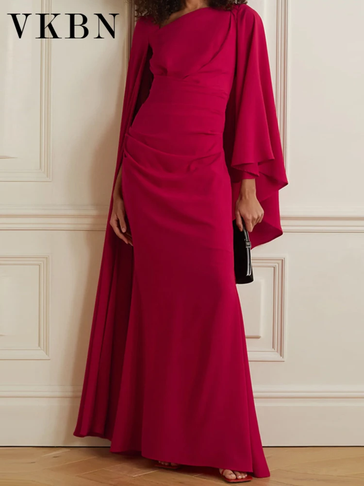 

VKBN News Party Evening Dresses Women Casual Lantern Sleeve Wine Red Diagonal Collar Banquet Maxi Wedding Dresses for Female