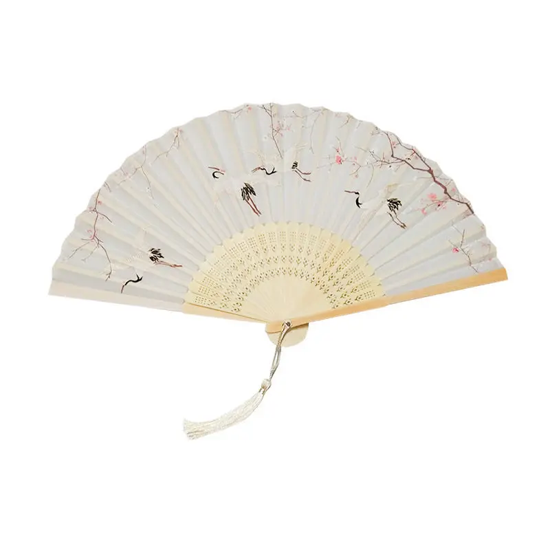 

Folding fan Chinese style women's ancient style Hanfu tassel folding solitary cloud will wild crane small bamboo fan