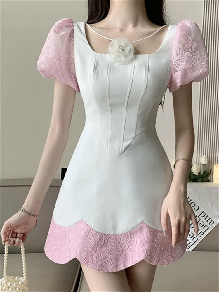 

A-Line Vintage Boho Mesh Party Dresses for Women Lace Embroidery Sexy Floral Summer Elegant Short Sleeve Print 2022 Runway Chic