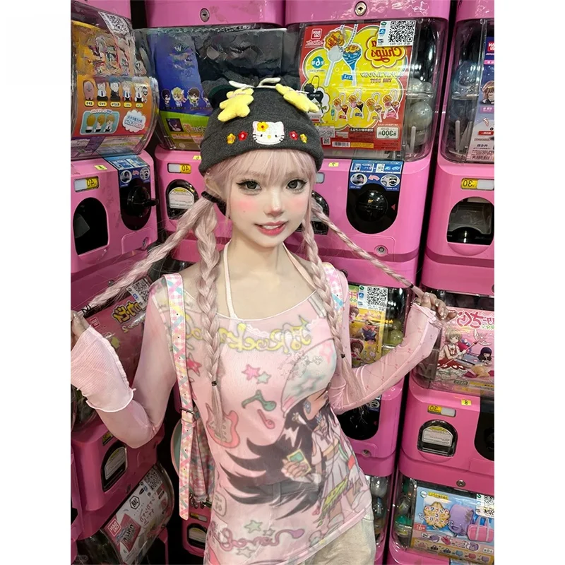 Sweet Gyaru розовая сетчатая рубашка с длинными рукавами и рисунком субкультуры