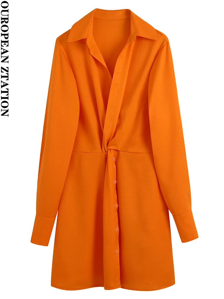 

2022 fashion women satin mini dress female Lapel v neck Long Sleeve front knot dresses for Women's sexy spring dress