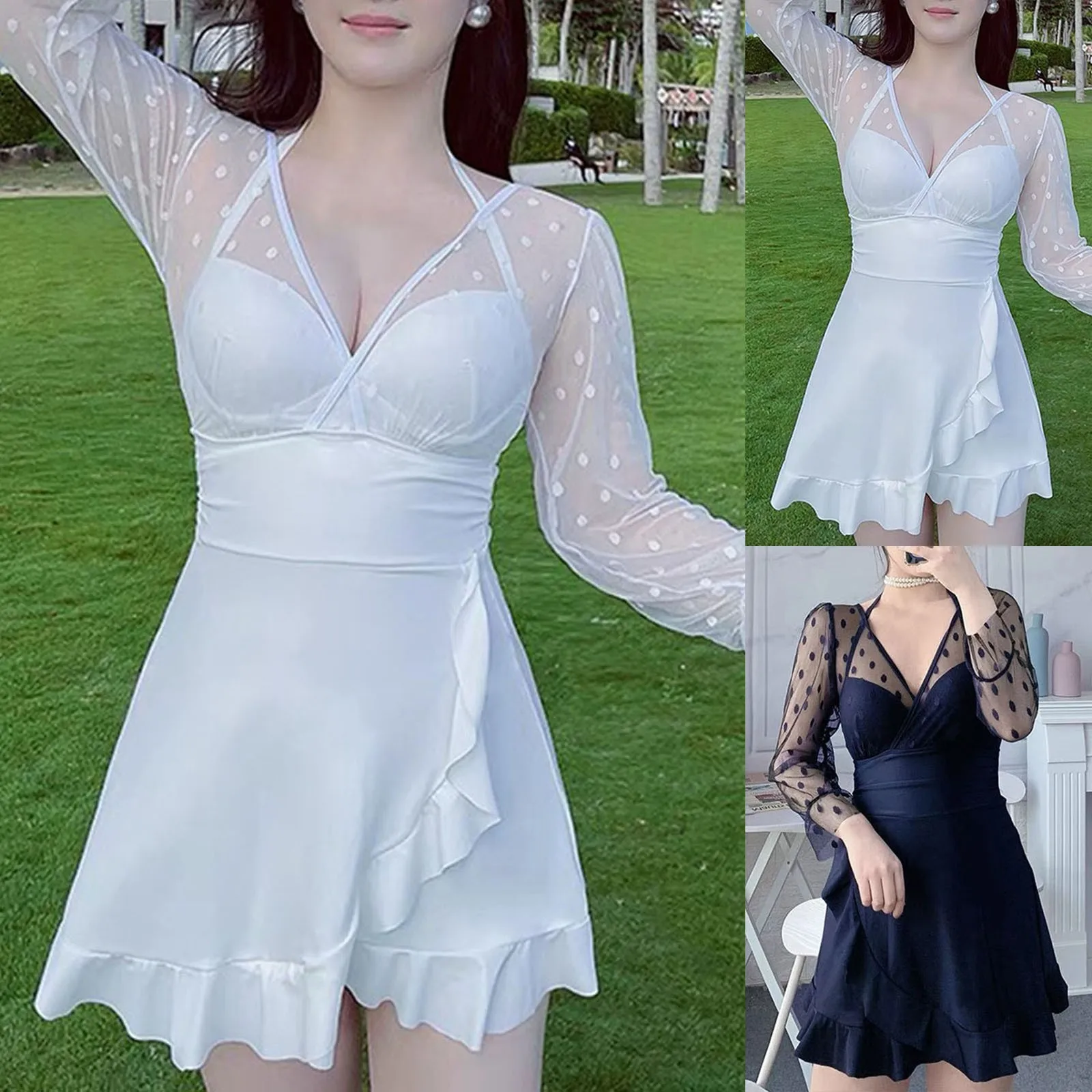 

Women Solid Color Long Sleeve Lace Up V Neck Steel Support Vintage Swimwear vacation Bodysuit For Women Sports Biquinis