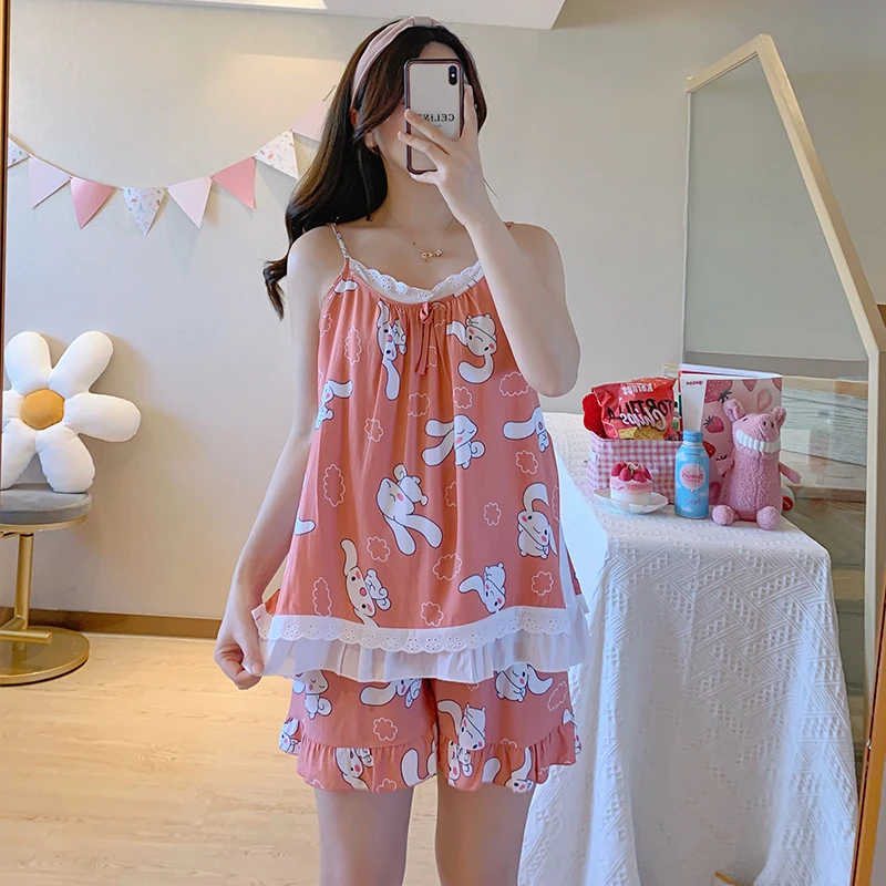 

No Need for Underwear Sling Pajamas Female Pure Cotton Silk 2022 New Sexy Yugui Dog Two-piece Kuromi Suit