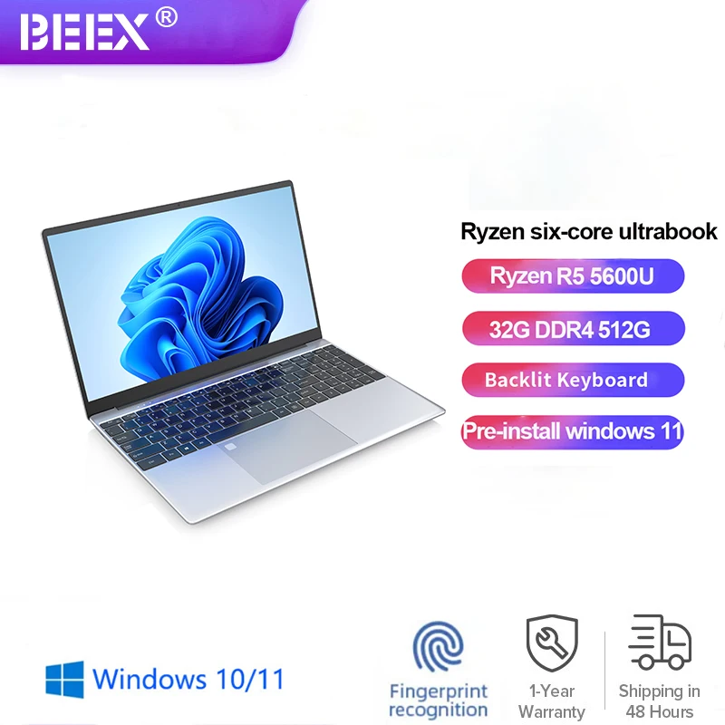 

BEEX R5 Laptop 15.6'' AMD Ryzen R5 5600U Laptop DDR4 32GB RAM 512G SSD Dual Core Wins10/11 Gaming Computer Fingerprint Unlock