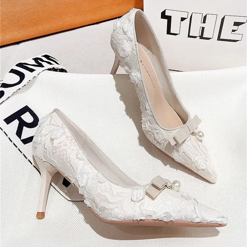 Женская обувь на высоком каблуке с жемчужным бантом элегантные туфли острым