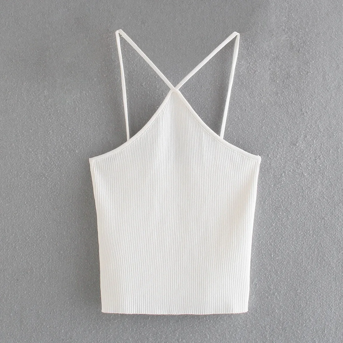 

TRAF 2021 Women Chic Candy Colors Spaghetti Strap Slim Knitting Camis Tank Ladies Summer Backless Halter Crop Tops