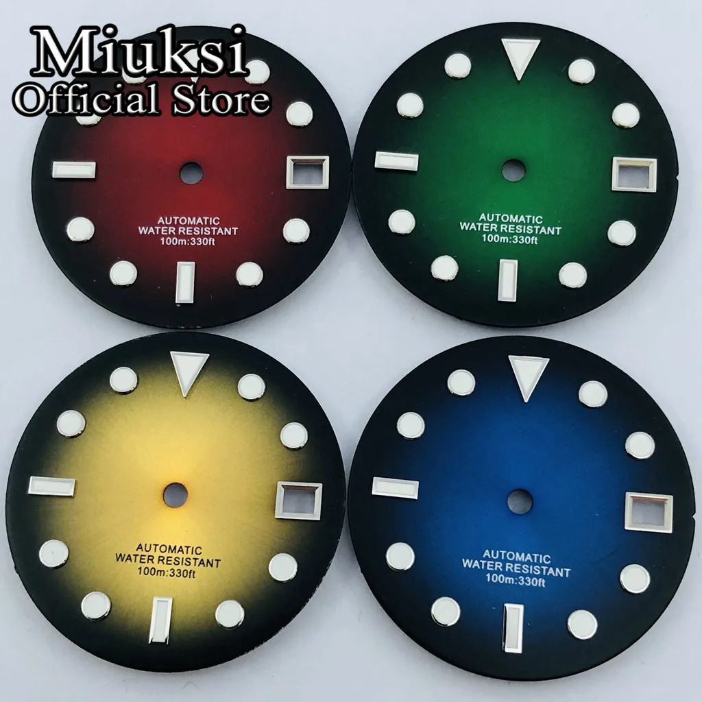 

Miuksi 29mm balck blue green yellow watch dial luminous fit NH35 movement fit 3 o'clock crown 3.8 o'clock crown