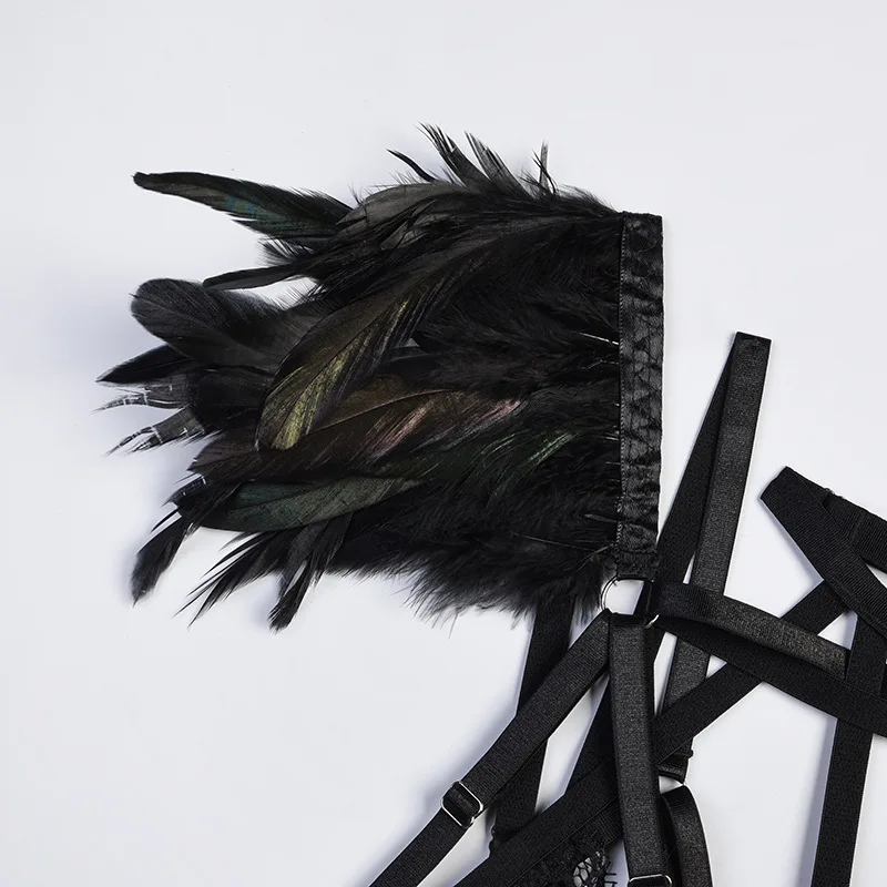 Ellolace Feather Lingerie Bandage Fancy Bra Sexy Porn Underwear Women Body Lace Sensual Transparent Intimate Black 2-Piece