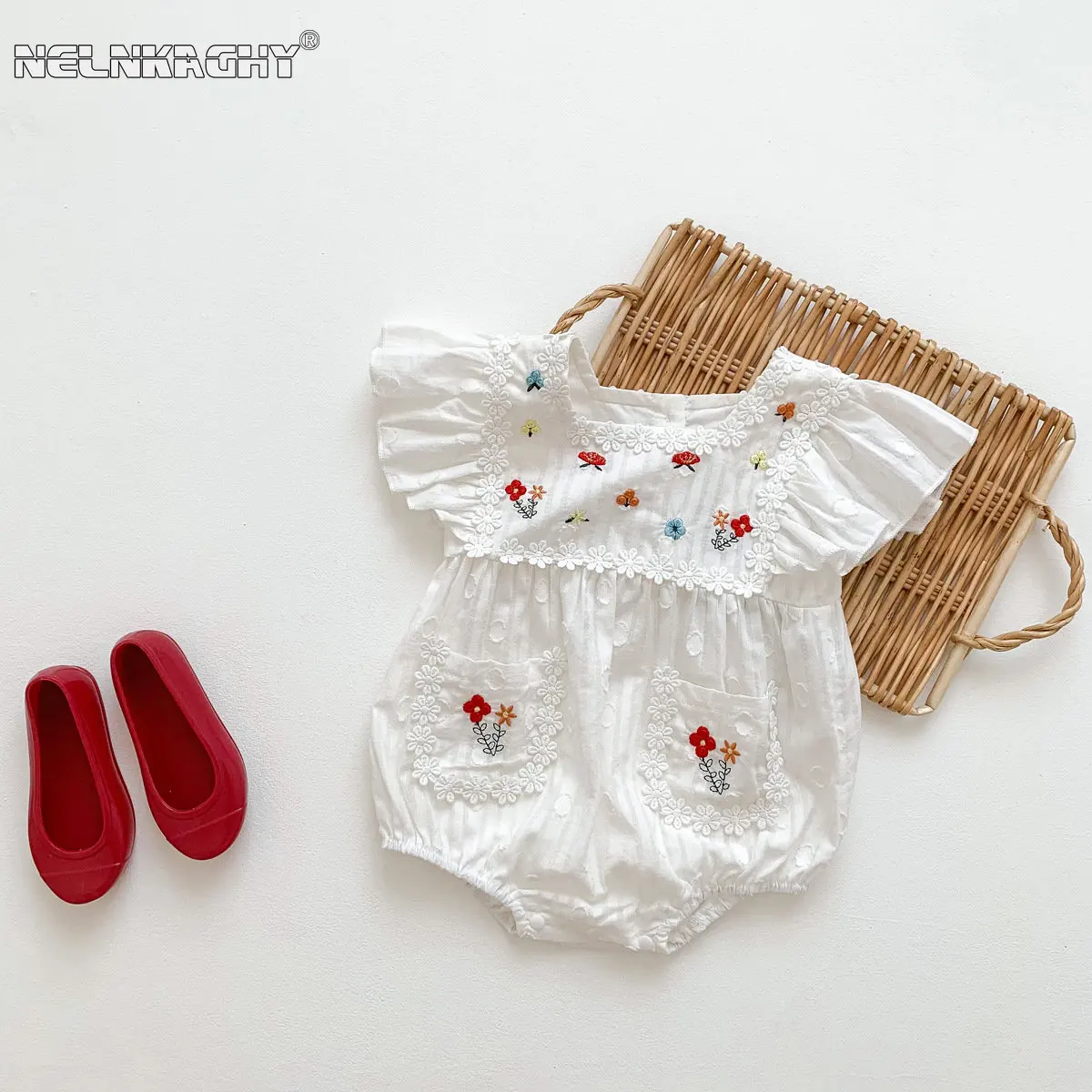 Newborn Infant Princess Summer Fly Sleeve Embroidery Flower Outfits Kids Baby Girls Cotton Clothing Jumpsuits Bodysuits