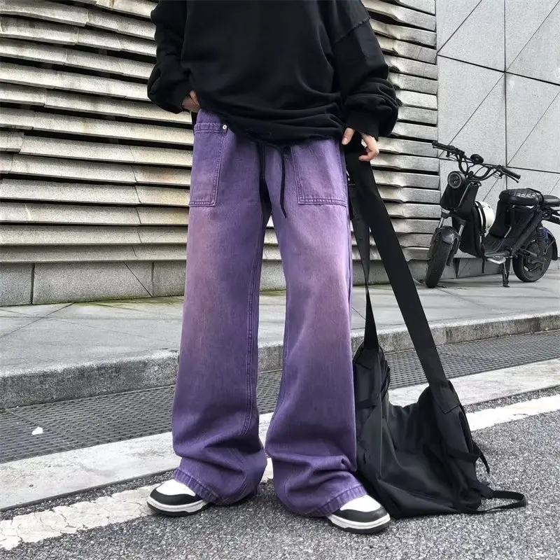 Purple Jeans for Men Spring and Autumn Straight Loose Trousers Oversize Casual Wide Leg Pants High Street Fashion Male Clothing