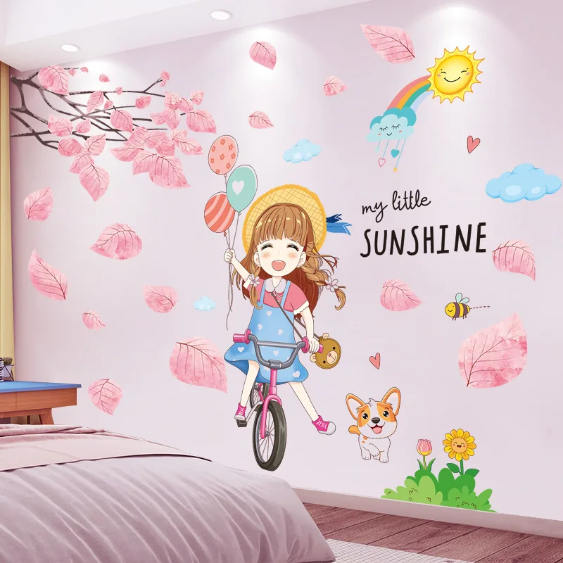 

Girl Balloons Bike Wall Stickers DIY Pink Tree Leaves Wall Decals for Kids Rooms Baby Bedroom Children Nursery Home Decoration