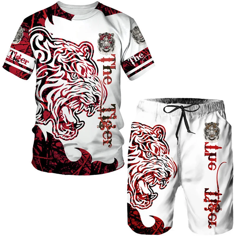 Summer Men's Animal Tattoo White Short Sleeve T-Shirt The Lion 3D Printed O-Neck Tees&Shorts Suit Casual Sportwear Tracksuit Set