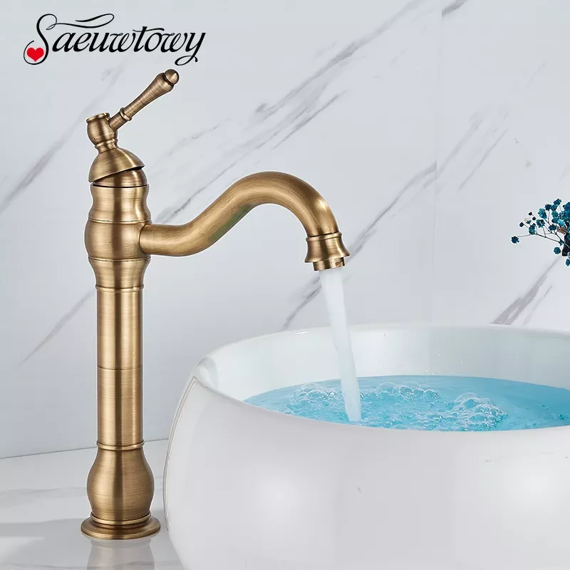 

Brass Antique Brass Deck Mounted Bathroom Faucet Basin Faucet Hot Cold Mixer Crane Basin Faucet Water Column High Short Style