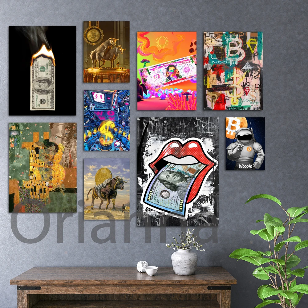 

Bitcoin Blockchain Paint Poster,Halving Bull Run Artistic Prints,Bitcoin Kiss Klimt Wall Art,Money Talks Canvas Painting Decor
