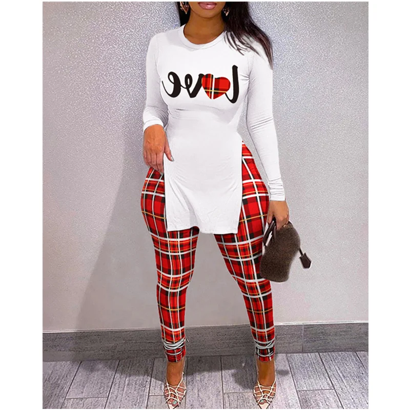 

Женская рубашка с буквенным принтом, топ с разрезом + Эластичные облегающие брюки с высокой талией, комплект из 2 предметов, женский спортивный костюм, наряды, женская одежда, костюм