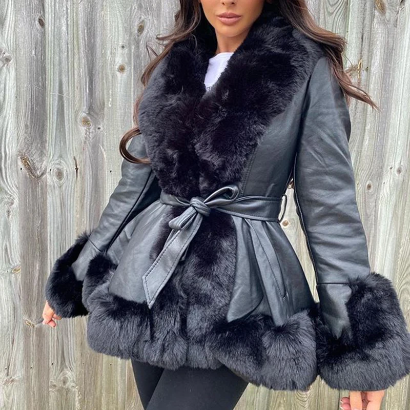 Winter PU Leather Jackets Women Fashion Tie Belt Waist Short Coats Women Elegant Side Pockets Warm Faux Fur Jackets Female Lady
