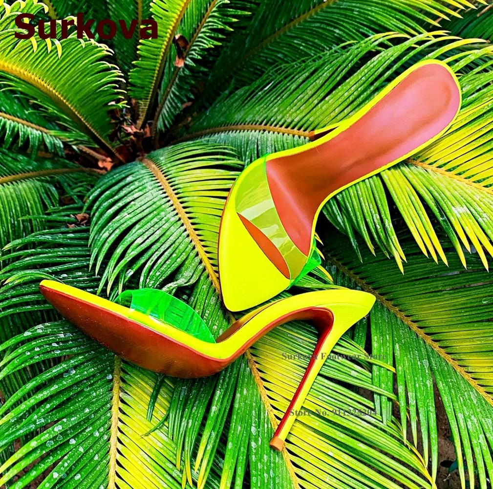 Surkova Neon Yellow Transparent PVC Slippers Clear Brown Strap Stiletto Heel Sli-on Sandals Summer Dress Shoes Pointed Toe Pumps