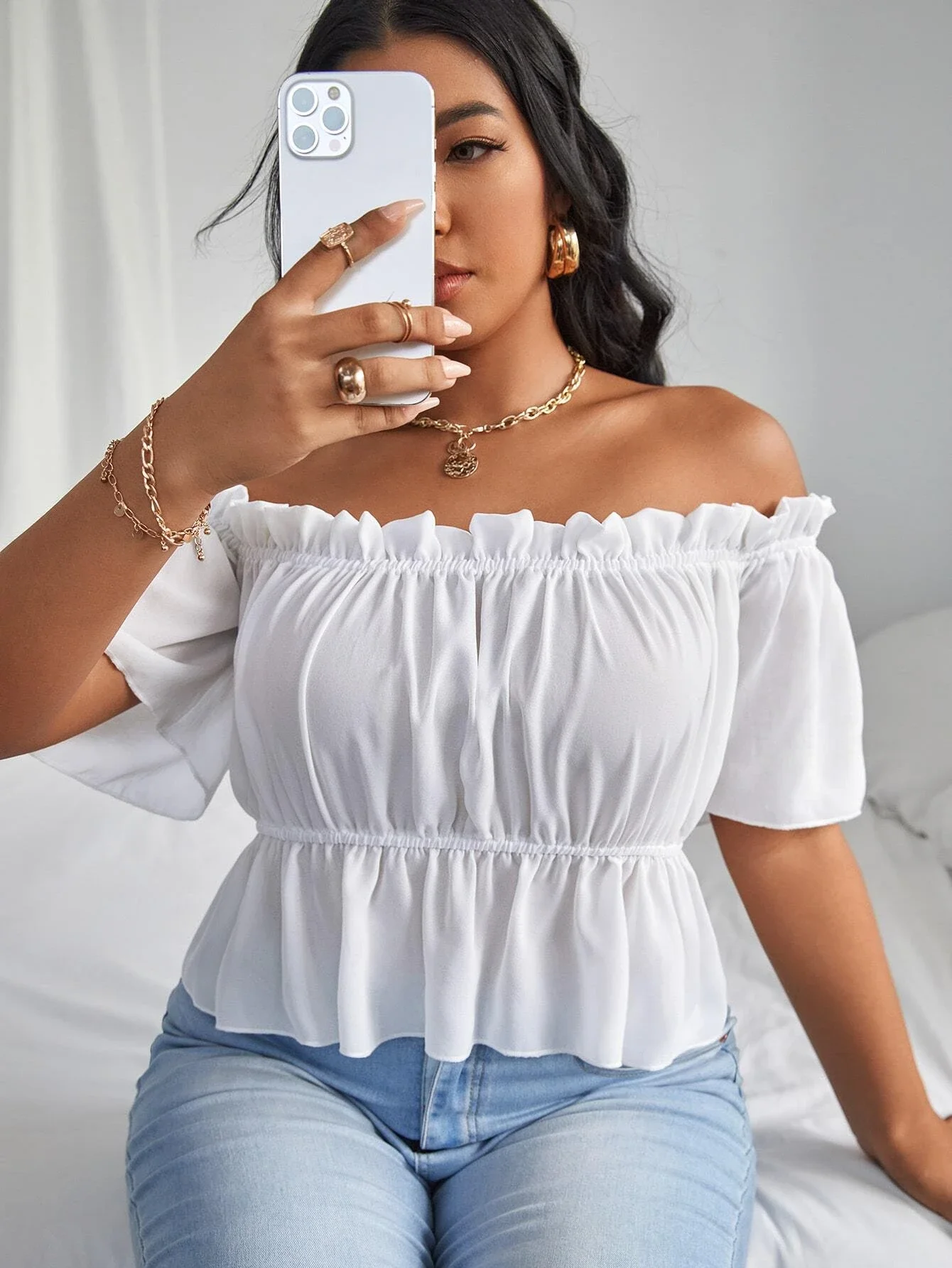 

Plus Solid Ruffle Bardot Blouse