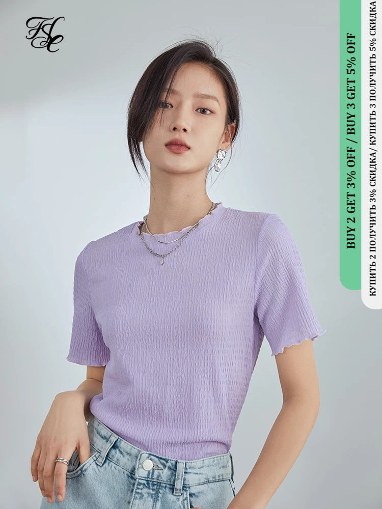 

FANSILANEN Office Texture Sense Fungus Lace Short Sleeved Purple T-shirt 2021 Summer New Solid Color Round Neck Slim Women Tops