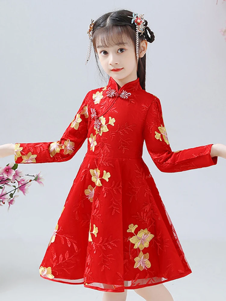 

Chinese Traditional Dress Midi Party Dresses Cheongsam Qipao for Girls Party Costumes Dress for girls Clothing