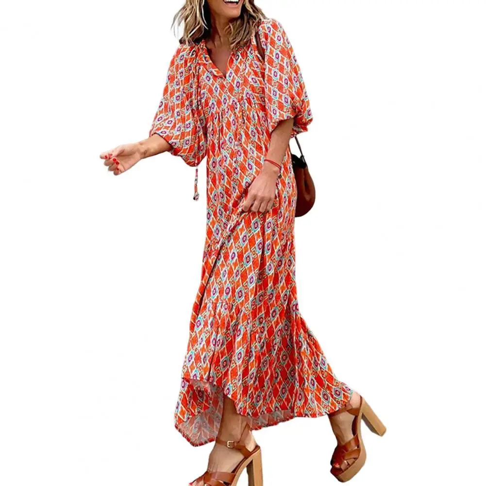 

Women Boho Maxi Dress 2022 Fashion Women Dress V Neck Colorful Print Bubble Sleeve Bohemia Style Beach Vestidos Female Garment