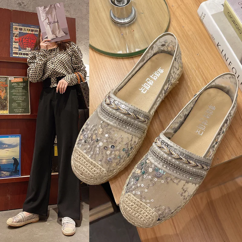 2023 Transparent Sandal for Pregnant Flat Shoes Women's Outdoor Casual Beach Shoes Summer Female Mesh Breathable Sequin Loafers