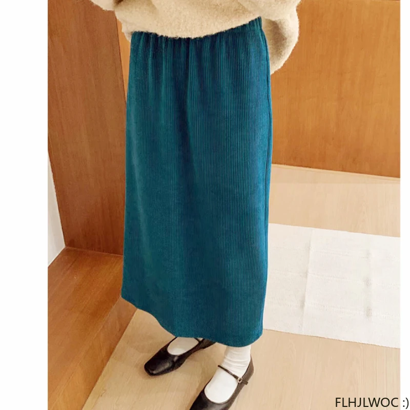 

Korean Elastic Waist Corduroy Long Skirts New Women's Autumn Winter Split Casual Mori Girls Retro Vintage Skirt