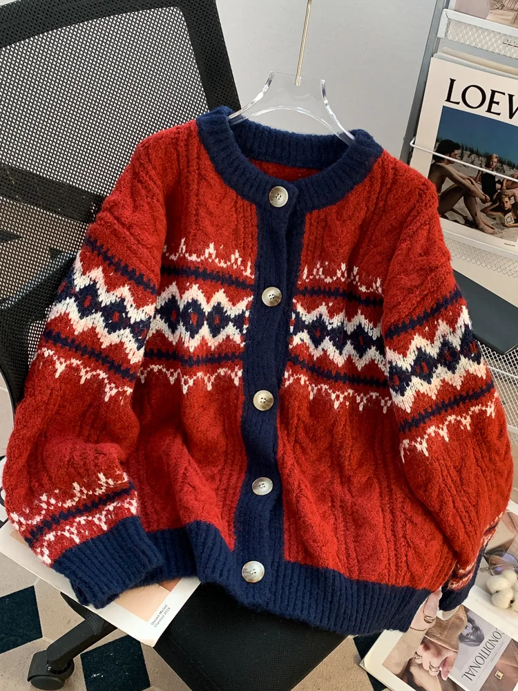 Жаккардовый красный Рождественский и новогодний свитер в стиле ретро Женская