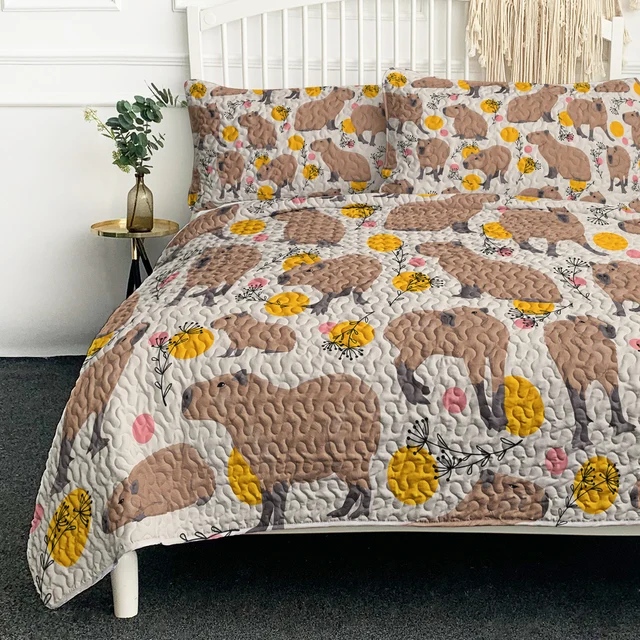 BlessLiving 3D Yellow Circle Kawaii Cartoon Guinea Pig Quilt Set Maple Leaf Geometry Love Pattern Bedding For Kid Bedroom Decor 1