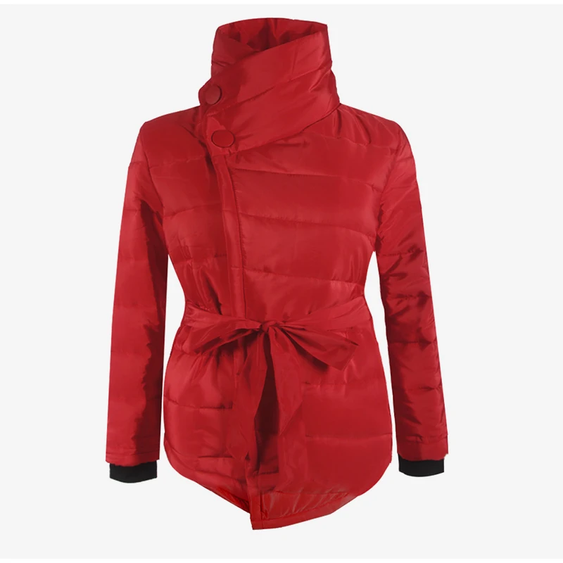 2023 Parkas Winter Single Breasted Women Casual Fashion Down Jacket Short Coat High Neck Sashes Button Coats Warm Sashes Jackets