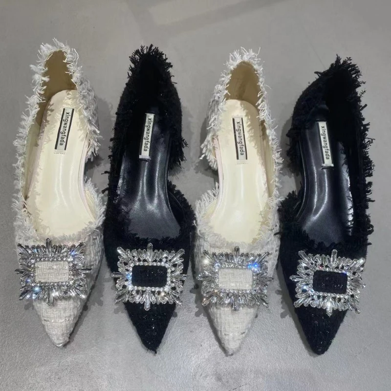 ZOOKERLIN Pointed Denim Tassel Rhinestone Square Buckle Flats Shoe Women's Shoes Fashion Elegant Slip On Dress Shoes Solid Color