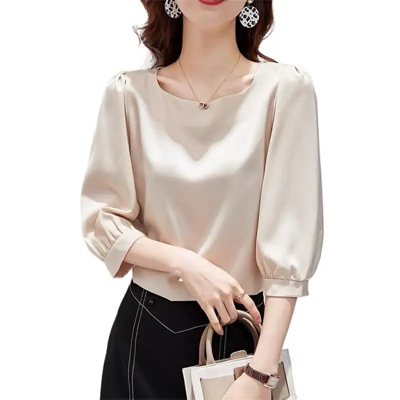 

Silk Satin Three Quarter Sleeve Tees Korean Style Simple Woman Summer Clothes Elegant Basic Fashion Chic Tops Blusas
