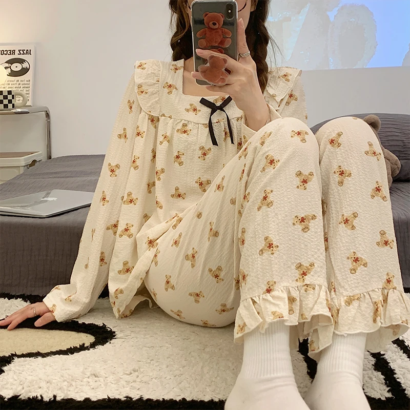 CAIYIER 2022 Winter Women's Peach Sleepwear Medieval Flare Sleeve Casual Nightwear Loungewear Girls Korean Ruffle Pajamas Set