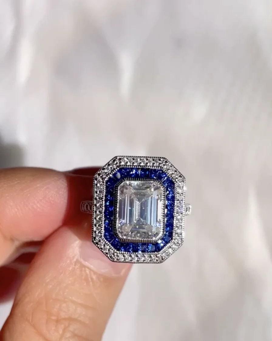 JOVOVASMILE Emerald Cut 3carat Moissanite Rings 0.95ct Lab Royal Blue Sapphire 585 Au750 Classic 9k Gold Rings For Women Jewelry
