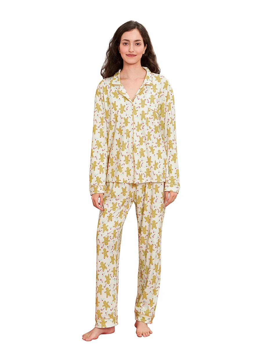 Женский рождественский пижамный комплект пряничный человечек топы с лацканами и