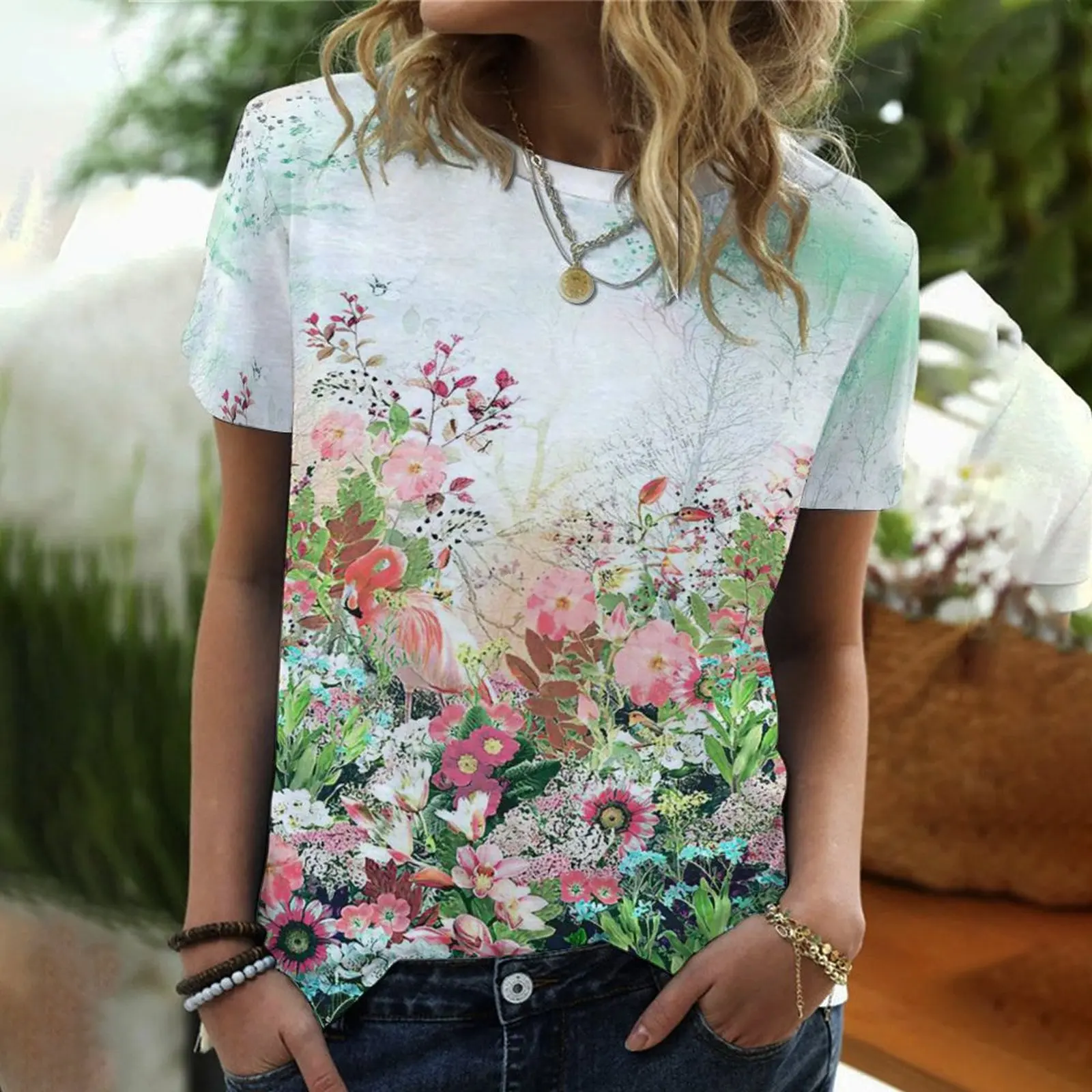 

2022 New Women's Floral Pattern Printing Top Fashion Summer Short-sleeved Fashion Casual Plus Size 3D Floral Printing T-shirt
