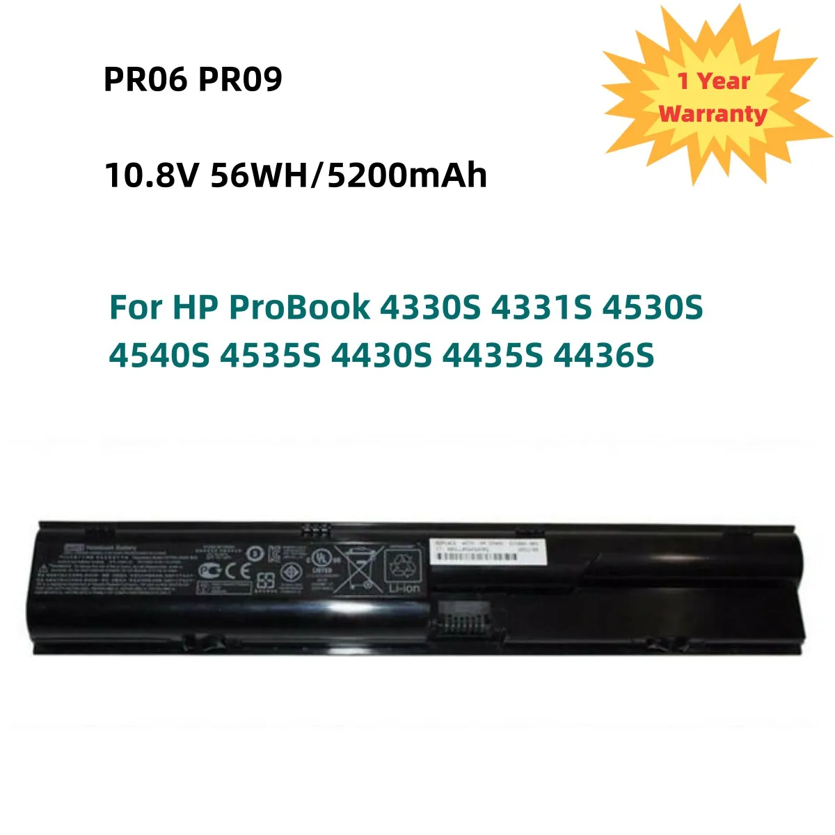 

PR06 Laptop Battery For HP ProBook 4330S 4331S 4530S 4540S 4535S 4430S 4435S 4436S HSTNN-OB2T HSTNN-LB2R /DB2R PR09 10.8V 56WH