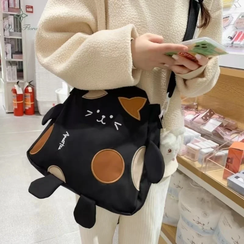 Women Japanese Style Kawaii Cute Nylon Shoulder Bag New Cartoon Cat Embroidery Crossbody Bag Girl Large Capacity Student Handbag