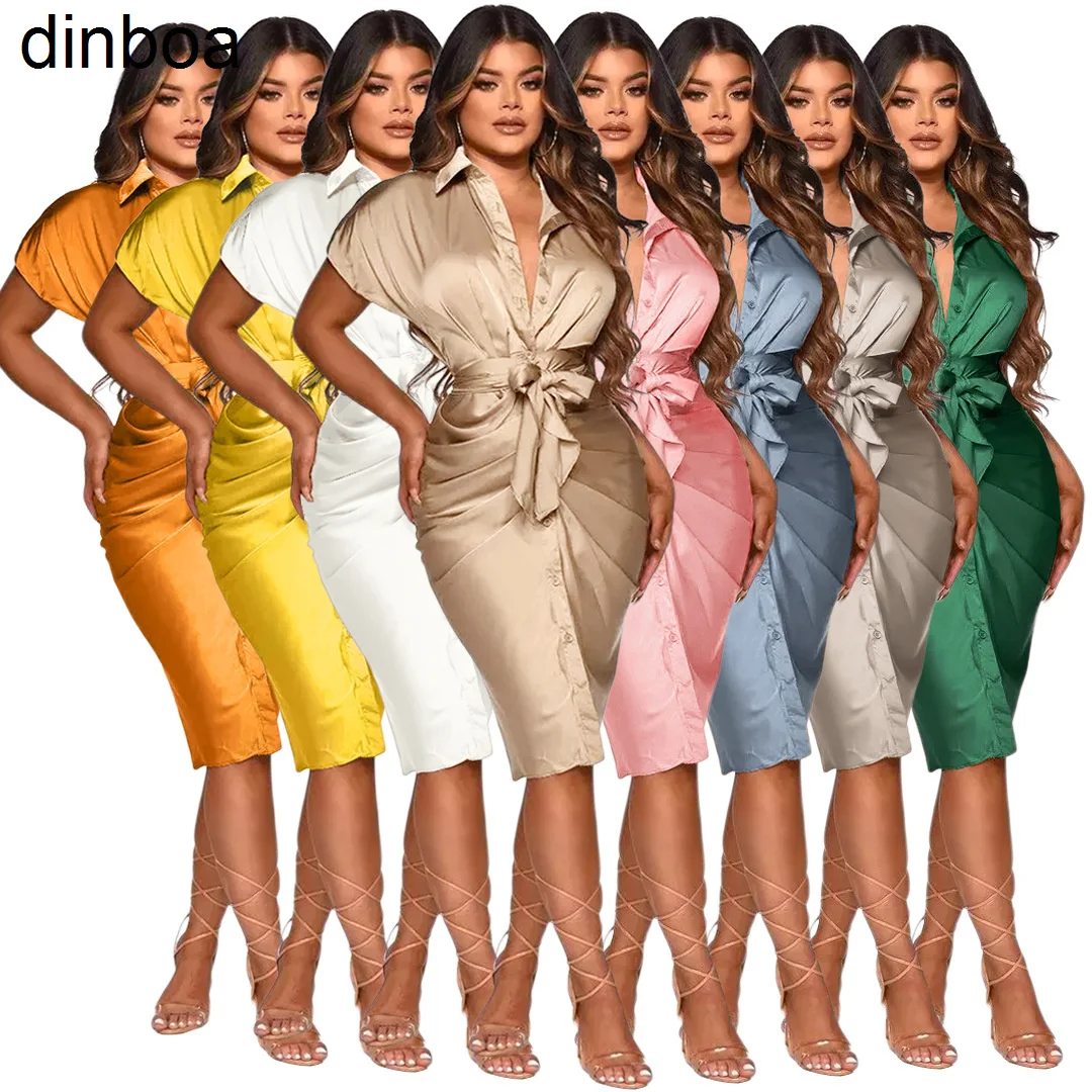 

Dresses Women Lady Elegant Ladies Nightclub Reflective Silk Satin Prom Dresses Pleated Tie Shirt Women's Party Casual Dress