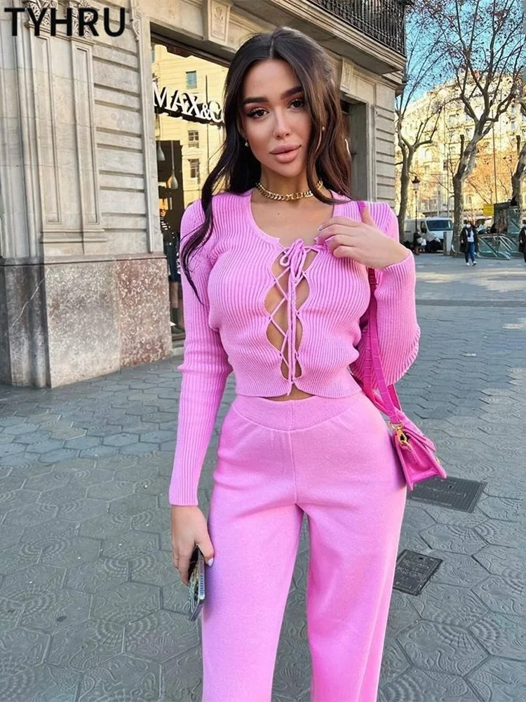 

TYHRU Women’s Knitted Pants Trackuits Sexy Criss Cross Bandaged Cardigans Sweaters+Wide-leg Trousers 2 pieces Knitwear Outfits