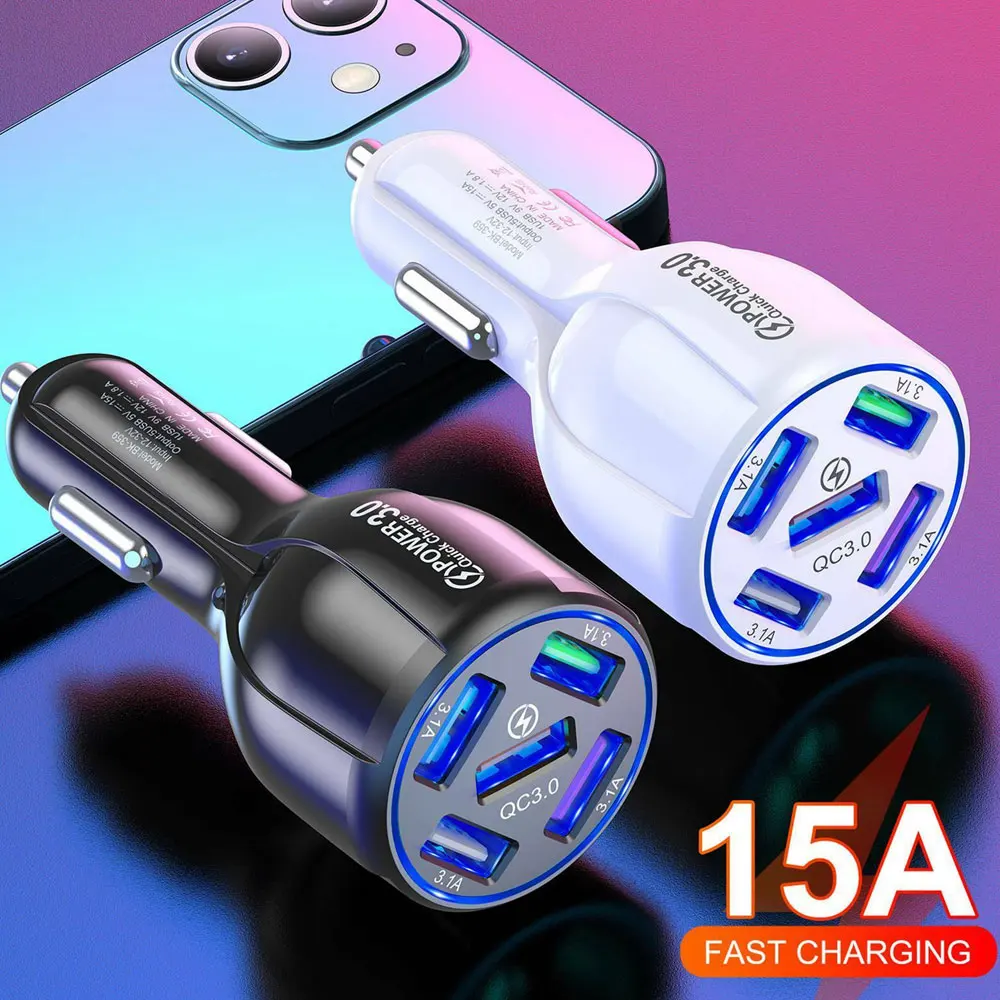 5 Ports USB Car Charger Mini LED Quick Fast Charging Mobile Phone Charger Adapter Car Accessories For iPhone 12 Xiaomi Huawei